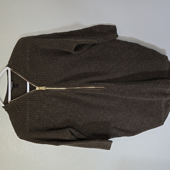 Express | Olive Green Gold Zipper Knit Sweater Size Small - Picture 2 of 8